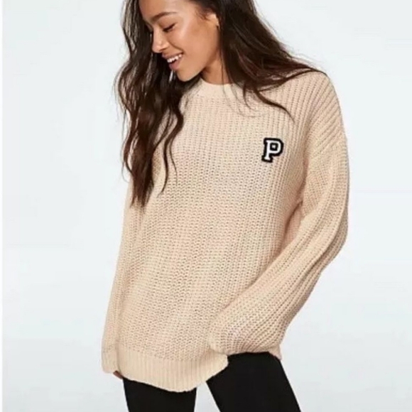 Victoria's Secret PINK Boyfriend Crewneck Cozy Knit Sweater Oatmeal/ L - Picture 1 of 10